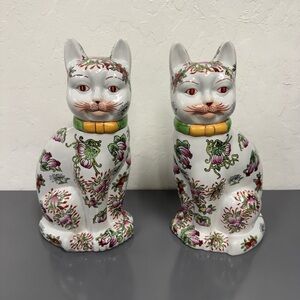 Vintage Hand-Painted Porcelain Cat Figurine Pair – Floral Chinese Decor (13.5”)